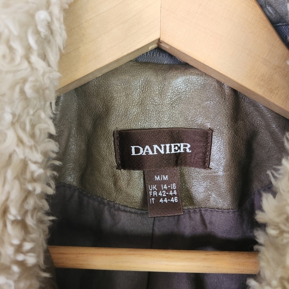 Vintage Leather Jacket Green Aviator Shearling Collar Cuffs 1990s Womens Medium - Picture 11 of 16